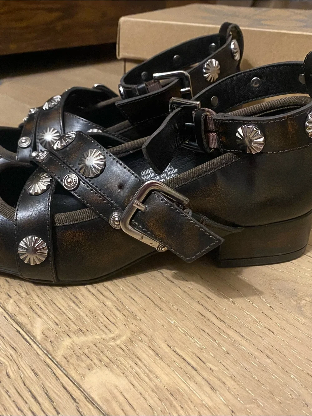Free People Black Studded Ankle-Strap Flats with Crystal Bow Accents